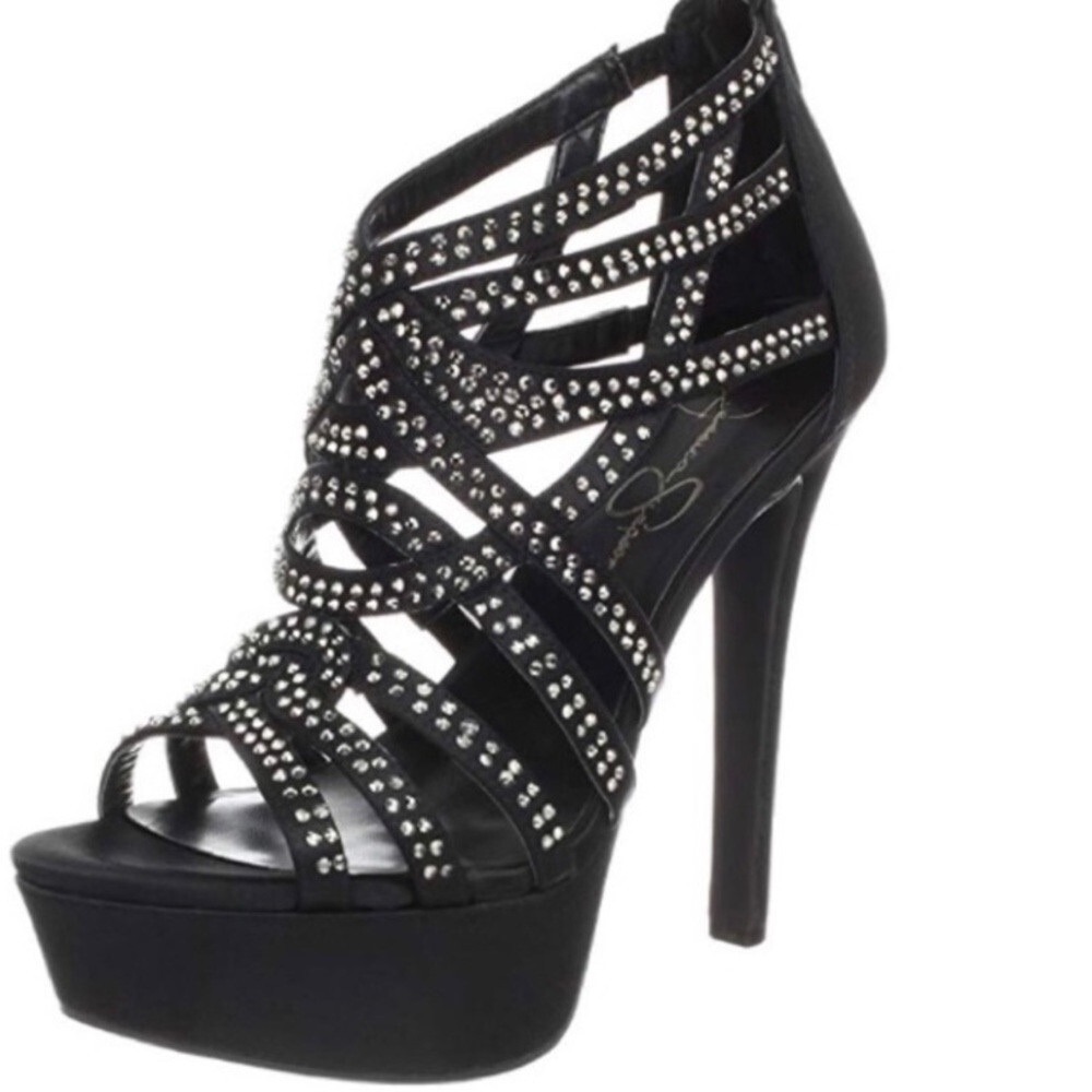 Jessica Simpson Elanor Black Rhinestone Strappy Platform Stiletto Heels Size 7
